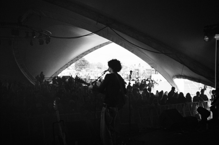 The stage from the wings, in black and white